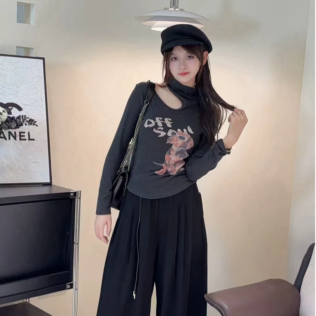 （长约51）秋冬时尚百搭气质女神设计款印花漏肩半高领打底衣11557