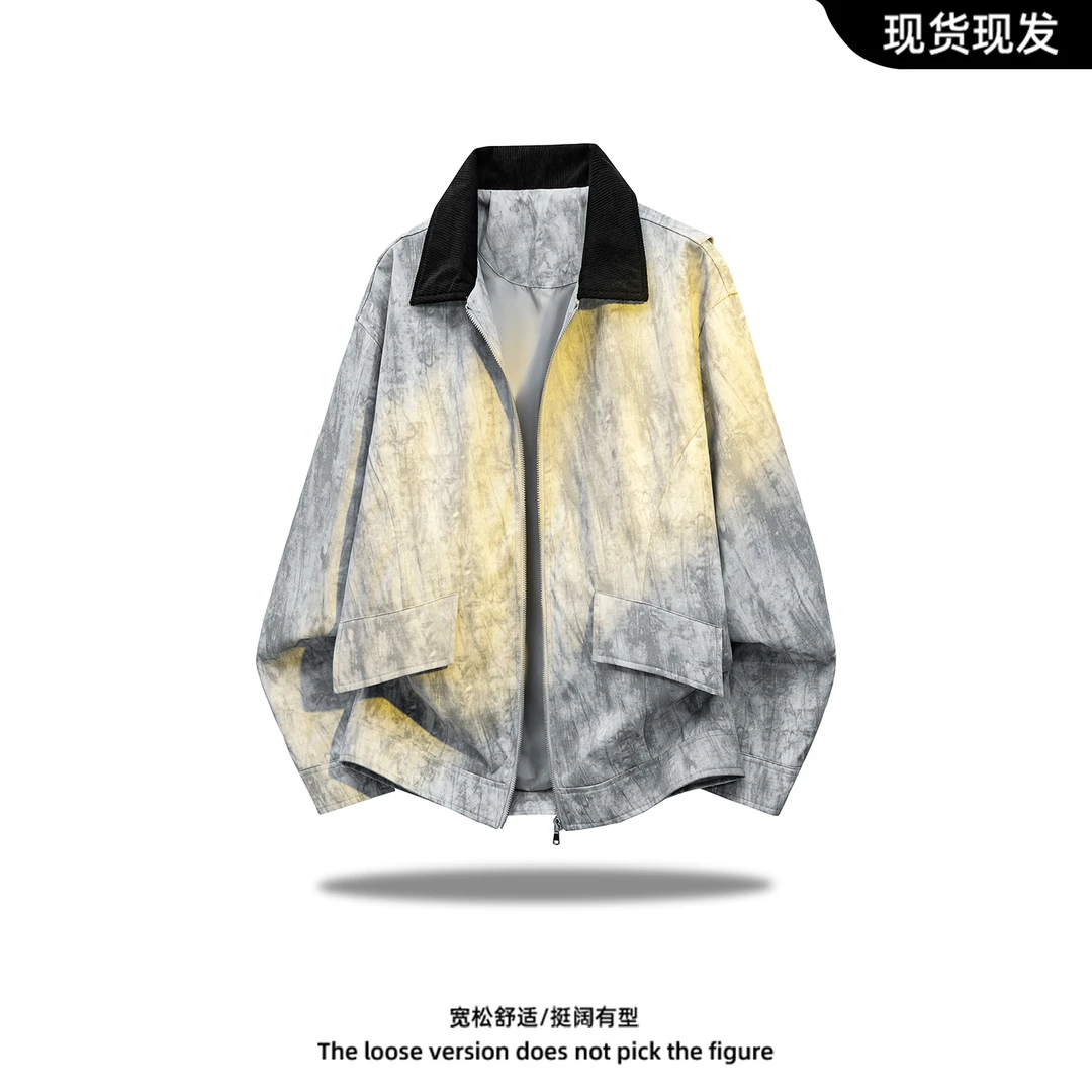 时尚百搭学生夹克男扎染设计感宽松休闲外套复古大码显瘦耐磨上衣