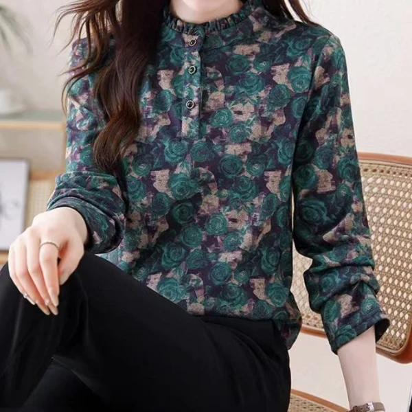 半高领保暖时尚妈妈荷叶边碎花上衣冬季新款百搭印花打底衫女