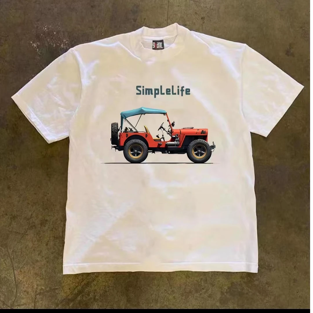 复古老爷车痞帅重磅纯棉短袖T恤男士夏季宽松半袖百搭上衣