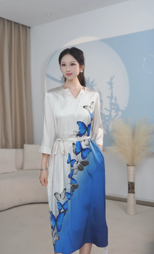 【高品蚕丝】2025新款桑蚕丝蝴蝶印花女士连衣裙K25FC1027