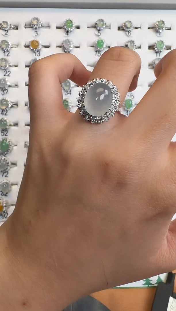 银S925镶嵌戒指翡翠通体925银镶缅甸A货翡翠戒指04474