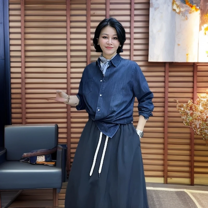 MISS MIN LJ9220 韩版高腰松紧抽绳半身裙女春秋新款中长裙