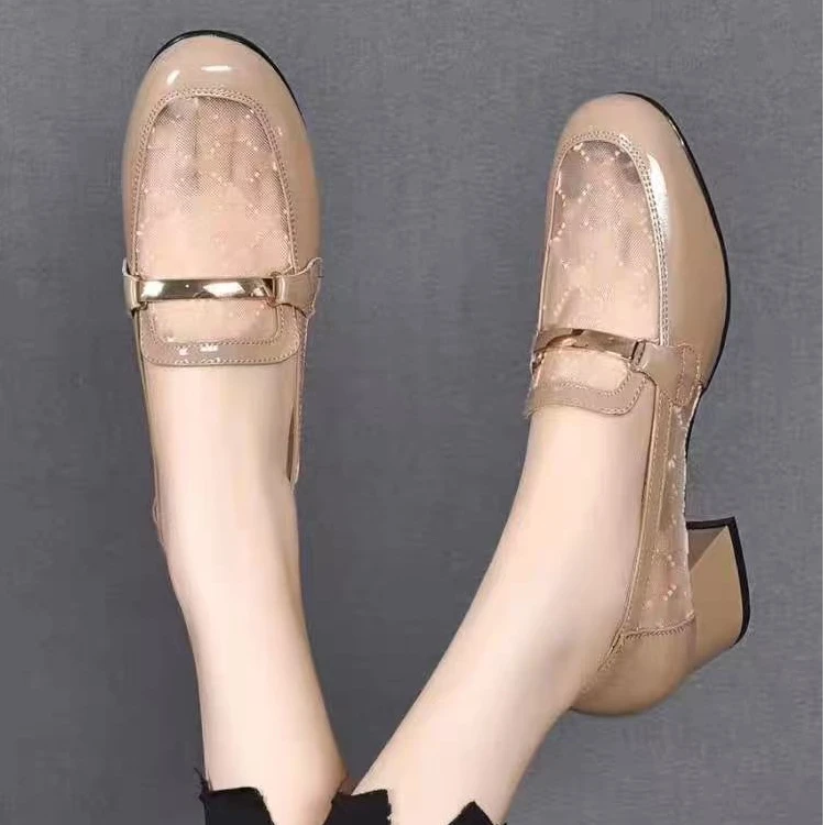 夏季粗跟百搭时尚透气网纱拼接圆头小单鞋18-8829