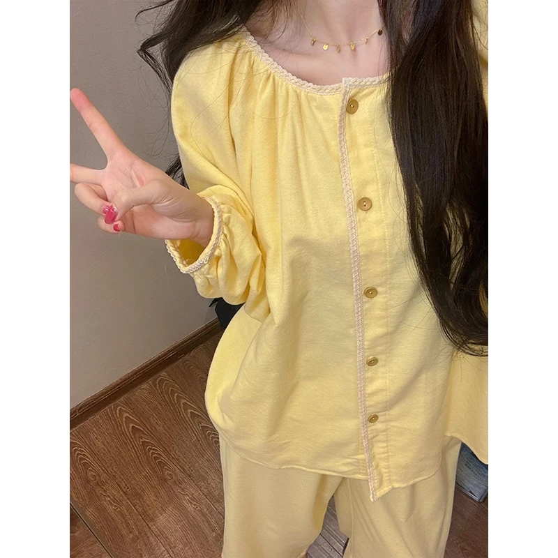 韩系简约温柔黄色圆领睡衣女秋冬磨毛开衫长袖长裤家居服外穿套装