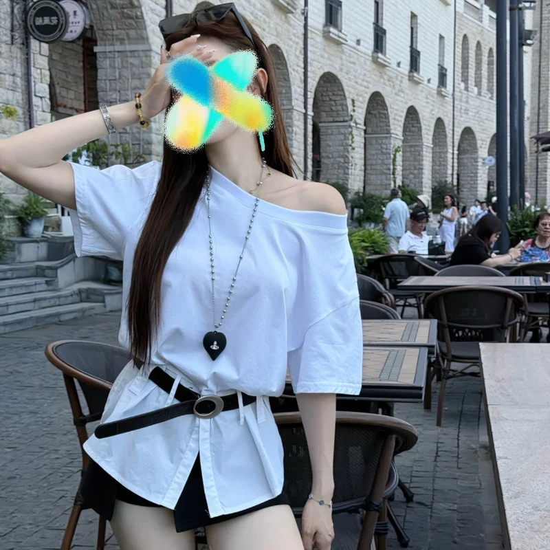 一字领斜肩短袖T恤女2025夏季别致独特露肩套装高级感