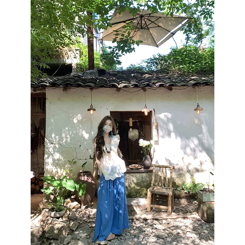 田园个性穿搭V领蕾丝边小飞袖微透显瘦百搭小众上衣阔腿休闲裤