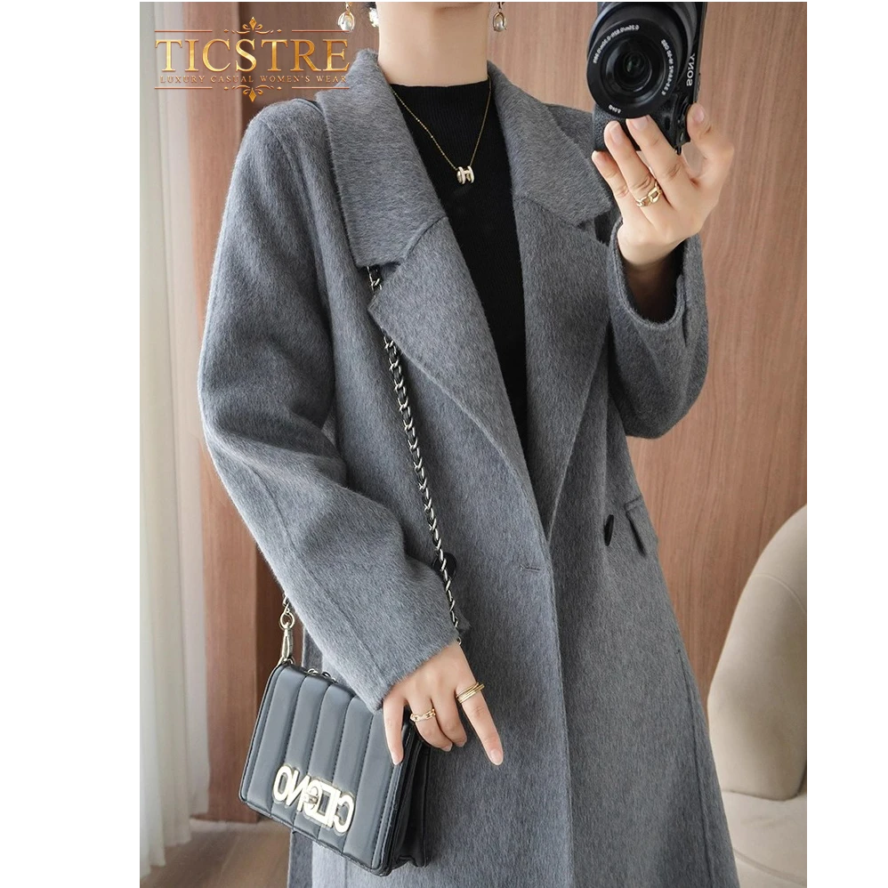 TICSTRE灰色中长款双面羊绒大衣女秋冬新款正肩羊毛呢工装外套女