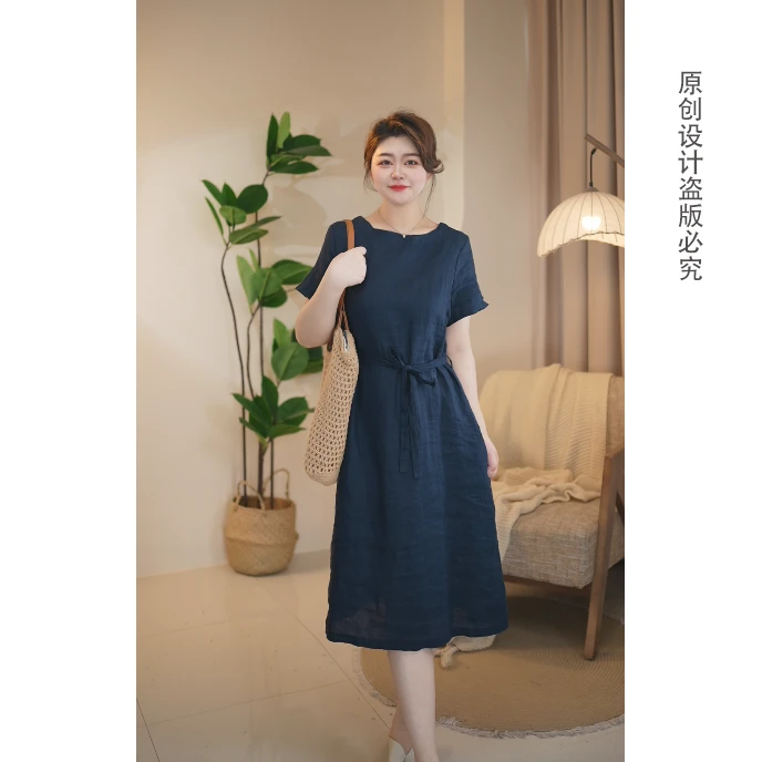 ziran100%亚麻气质圆领短袖纯色宽松系带中长款连衣裙165#