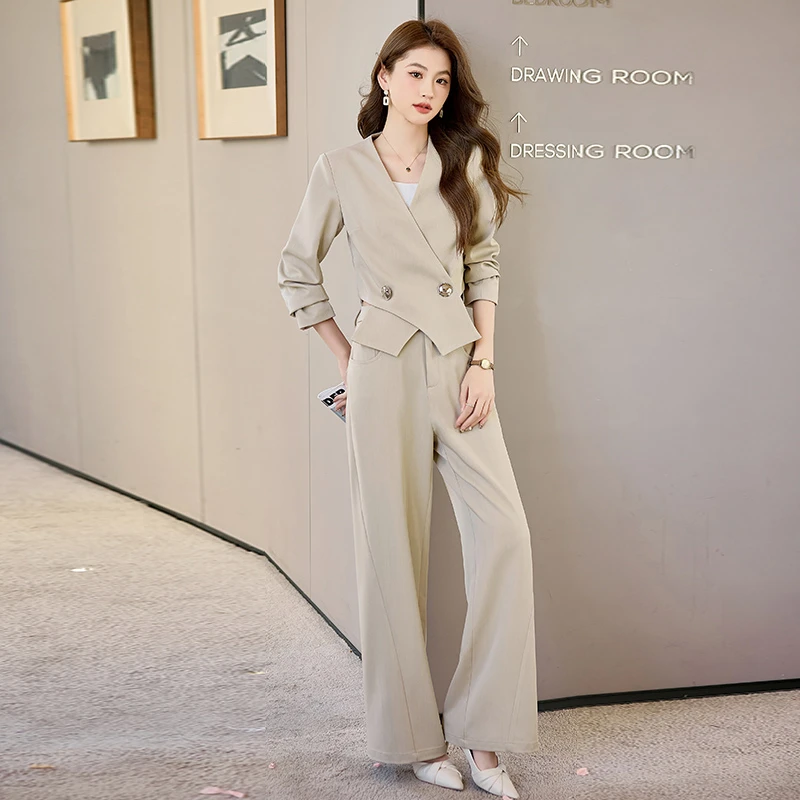 高档时尚阔腿裤套装女气质名媛减龄春秋新款洋气短款小西装两件套