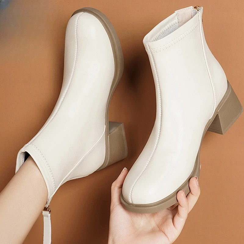 GPTSu软皮短靴女春秋百搭马丁靴时尚方头粗跟瘦瘦靴厚底女靴单靴