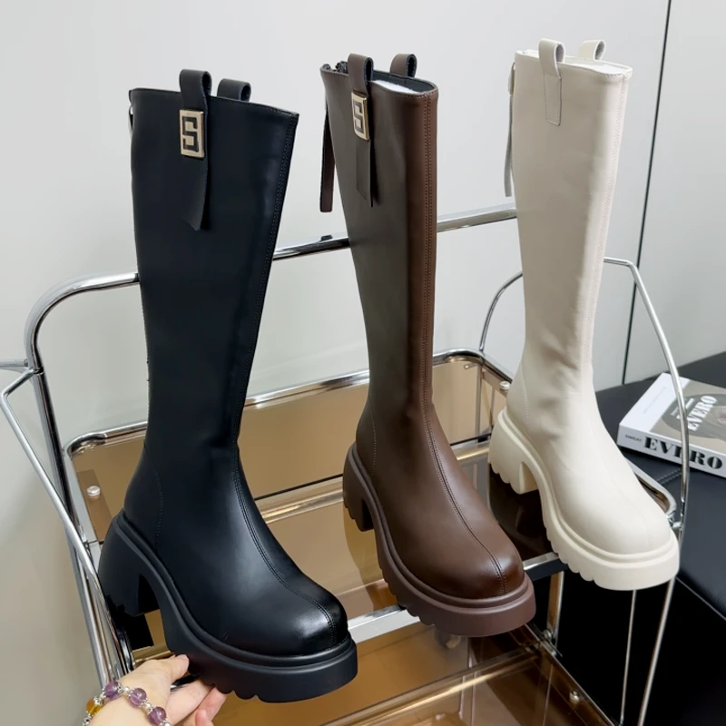 粗跟骑士长靴女2025年秋冬厚底增高长筒靴女后拉链白色瘦瘦靴高靴