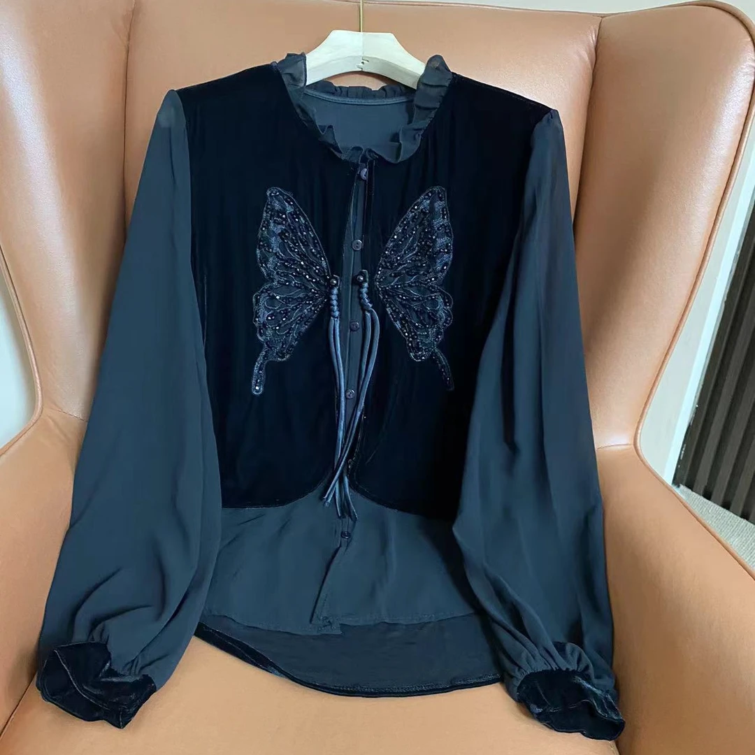 2025女士新款气质衬衫长袖百搭复古假两件