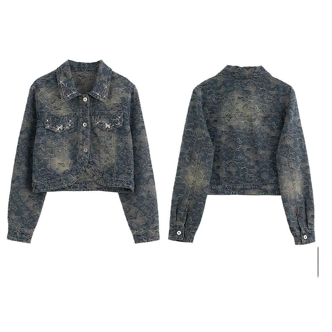 lena 重工蝴蝶印花polo领单排扣牛仔外套KS932