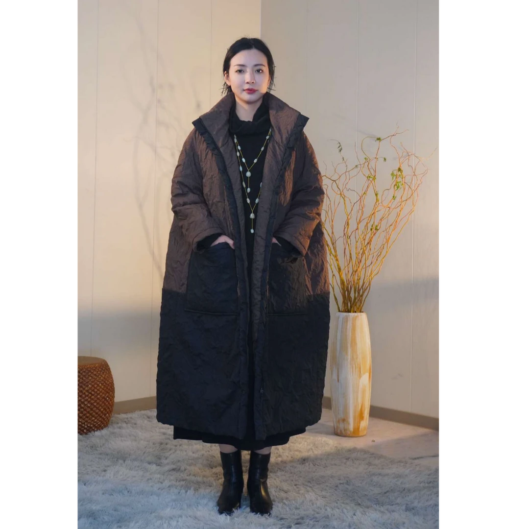 ML茹艺淬墨冬季新款双拼色棉衣设计师款阔版保暖高奢女装