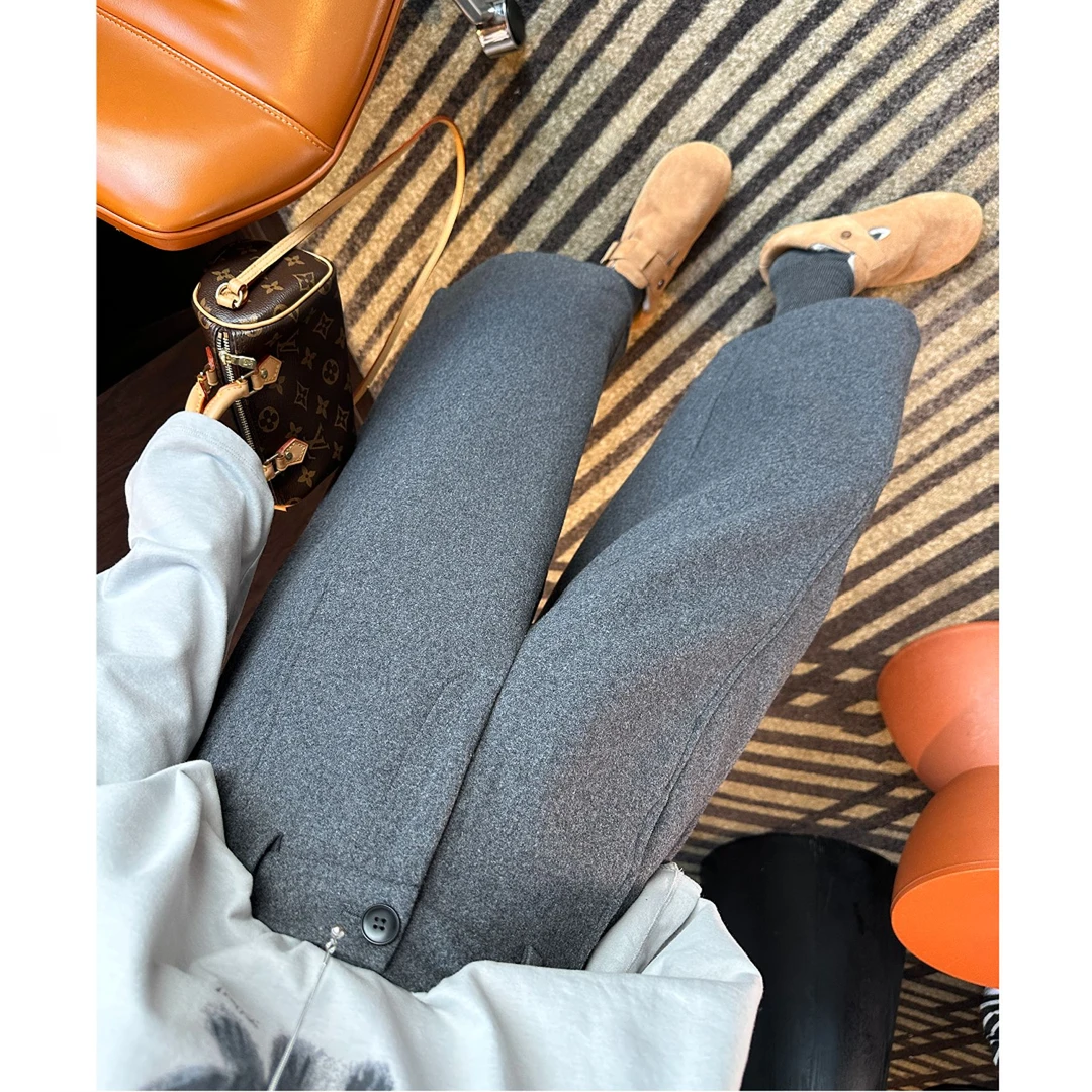 韩系简约毛呢八分裤女秋冬新款梨形小个子宽松显瘦高腰阔腿休闲裤