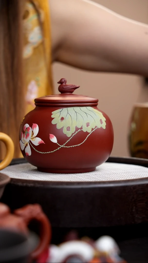 茶壶紫砂朱泥鸭先知荷花茶叶罐