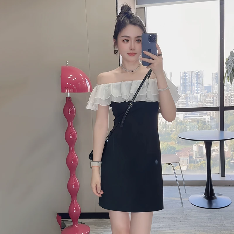 法式一字肩荷叶边连衣裙女2025夏季新款气质修身显瘦包臀赫本风短