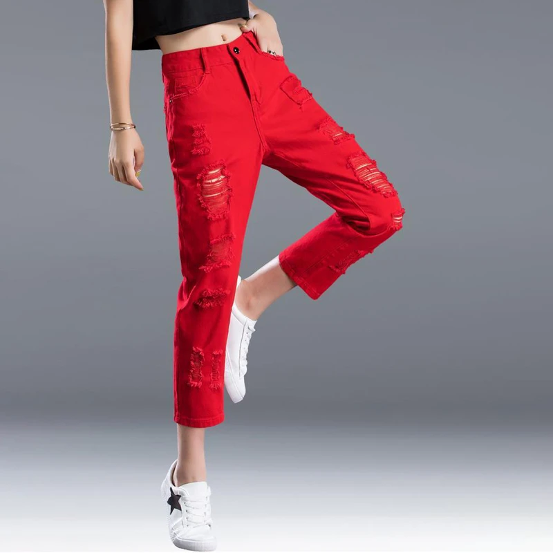 红色牛仔裤女士直筒夏季薄款破洞高腰显瘦大码九分裤哈伦女款裤子