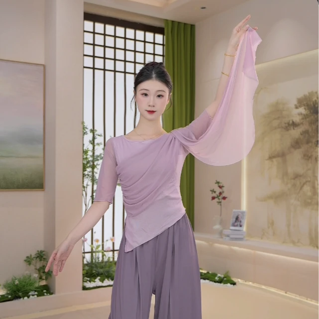 拼接水纱飘带不规则日常形体夏季舞蹈服瑜伽修身练功形体服长袖