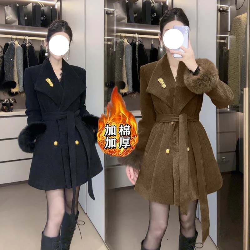 【V】【加棉加厚】【含腰带】气质秋冬翻领外套女人味收腰显瘦TX0342