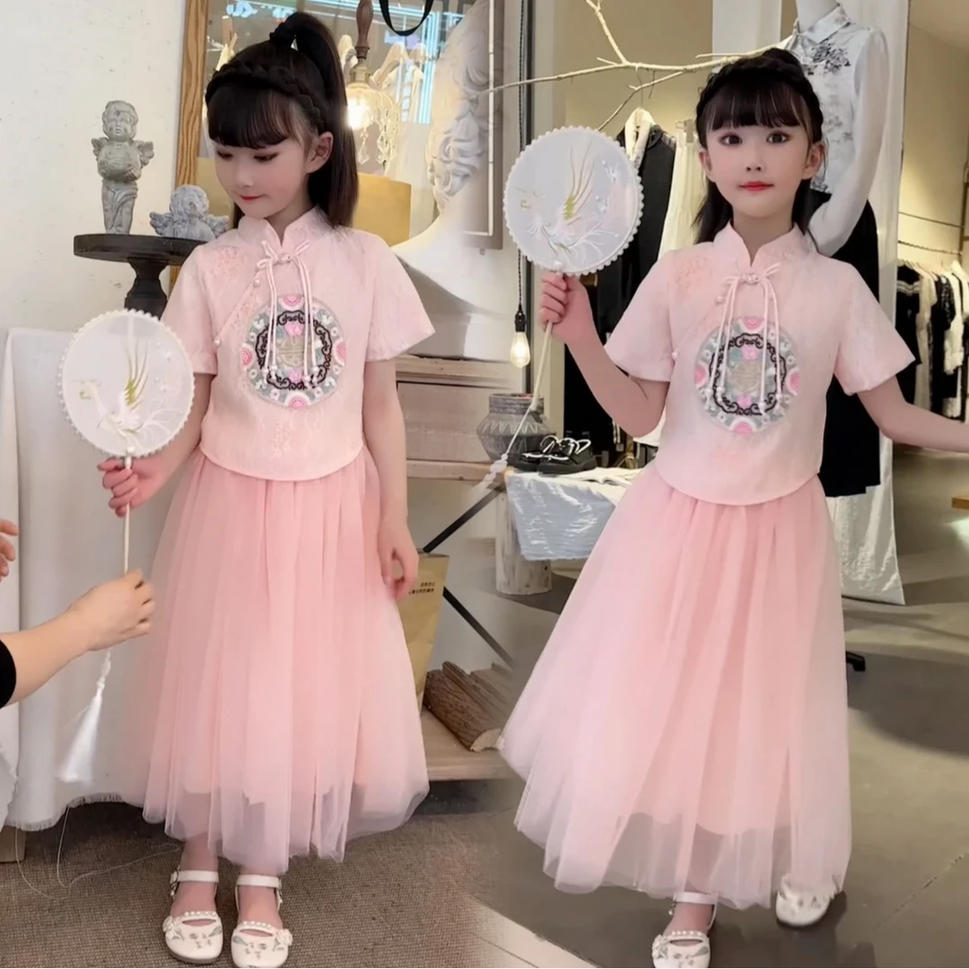 女童国风短袖半身裙套装2025夏款唐装公主纱裙汉服古风新中式套装
