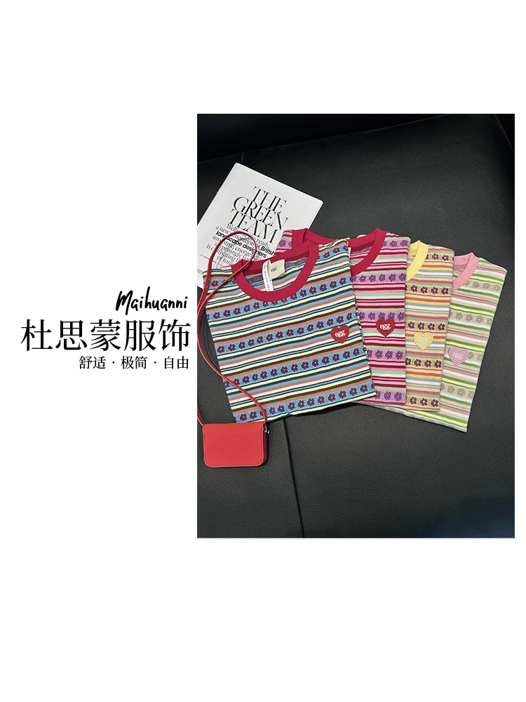 （杜思蒙服饰）L2501-“横条小花”韩系百搭刺绣夏季圆领短袖T恤