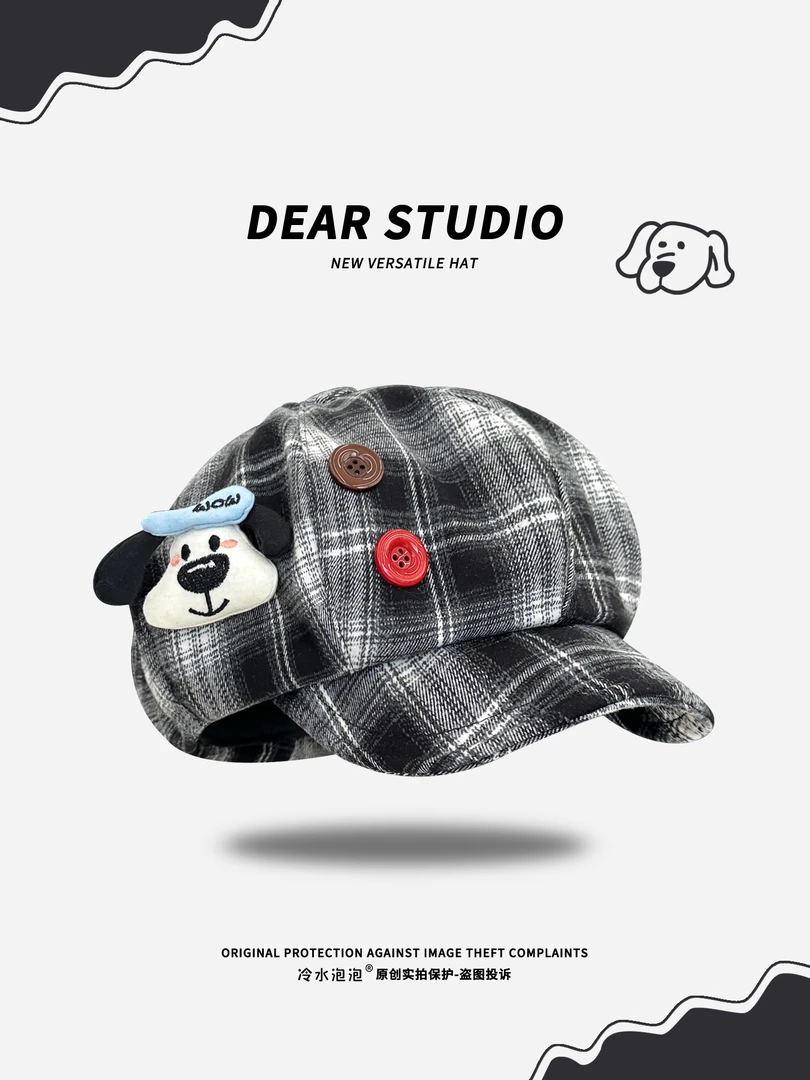 秋冬可爱小狗小猫玩偶格纹八角帽子女夏季休闲百搭日系甜美贝雷帽