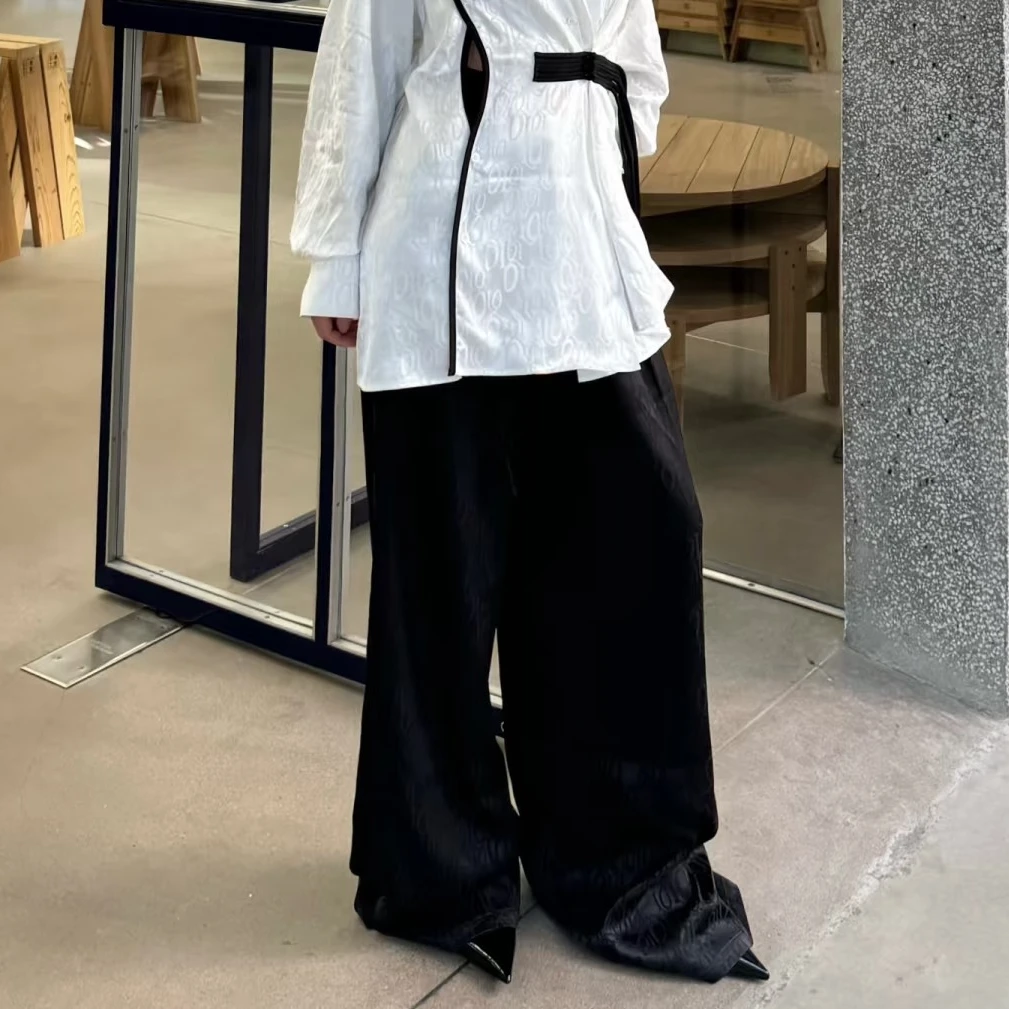 U.T-新中式印花高垂感高级宽松黑色长裤K148