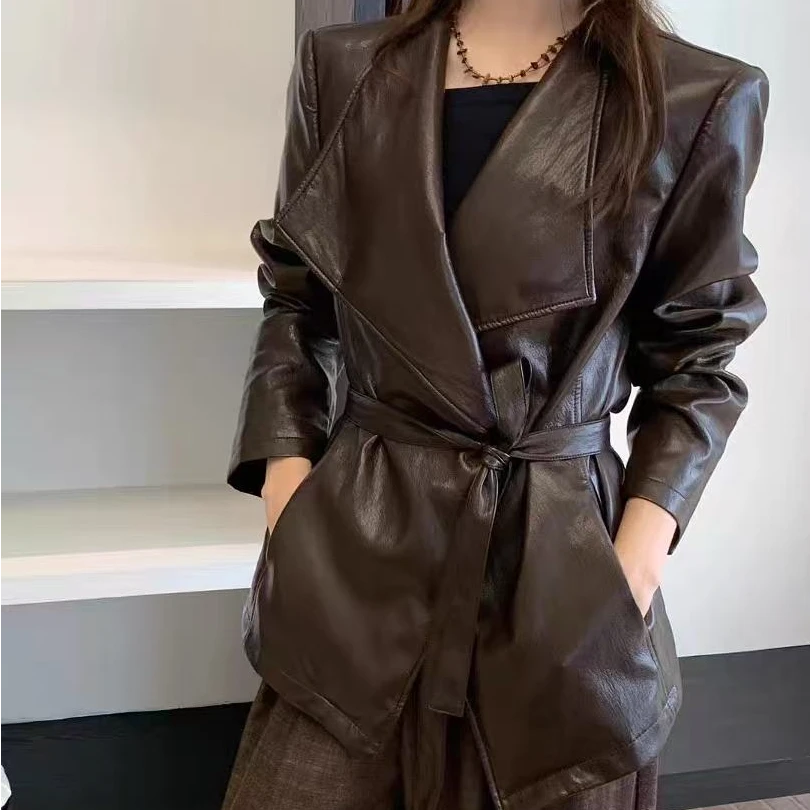[DARUI]宽松美丽高大上外套女新款韩版大翻领收腰皮衣258075