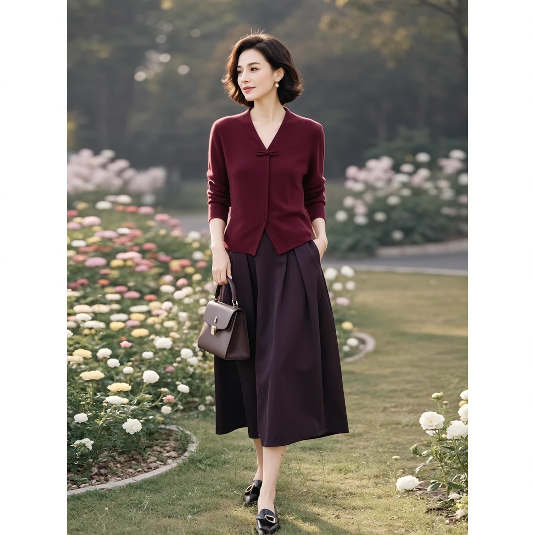 HL#【单/套装】新中式国风设计感红色V领上衣半身裙两件套DY14691