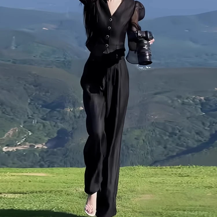 网红爆款休闲运动套装女秋季2025新款高端气质纽扣V领上衣阔腿裤