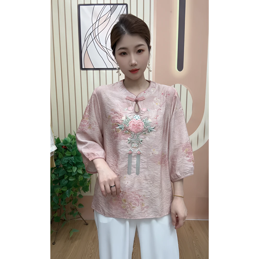 夏季新款刺绣盘扣复古国风宽松显瘦百搭小衫