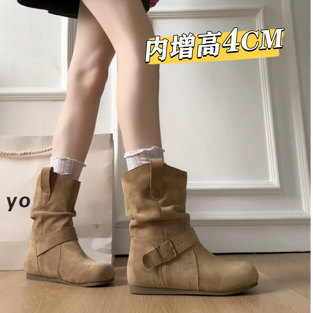 三福复古内增高勃肯短靴子女2025秋季新款西部牛仔靴推推靴马丁靴