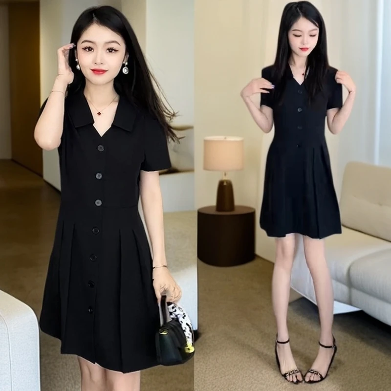 高腰套装夏季新款连衣裙气质修身女士西装领短袖收腰a字套装裙