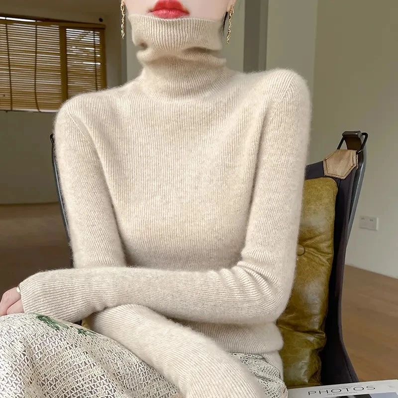 【一线成衣】全无缝针织修身加厚秋冬女装高领堆堆领套头毛衣打底衫