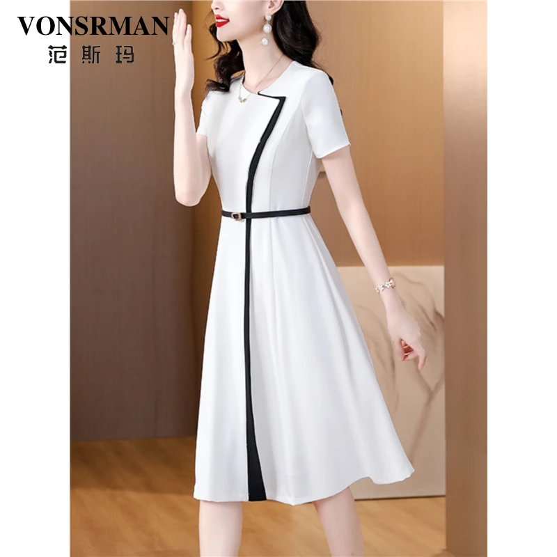 VONSRMAN雪纺连衣裙子女士装夏季2025年新款收腰短袖小个子连衣裙