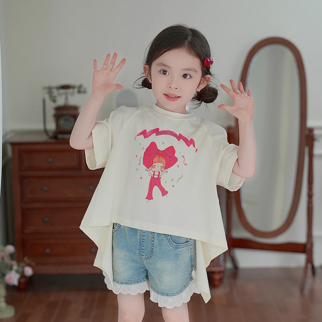 现货【快乐女孩】100棉5213女童韩版百搭甜美短袖百搭洋气T恤