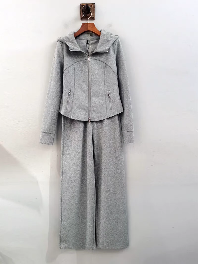 麦寻春季新款TZKBS05A旋风灰松紧阔腿裤连帽长袖外套两件套时尚女