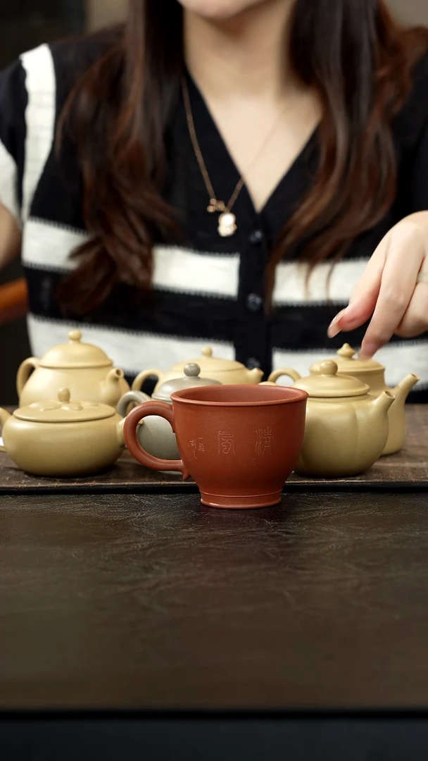 茶壶紫砂平*朱泥刻竹把杯