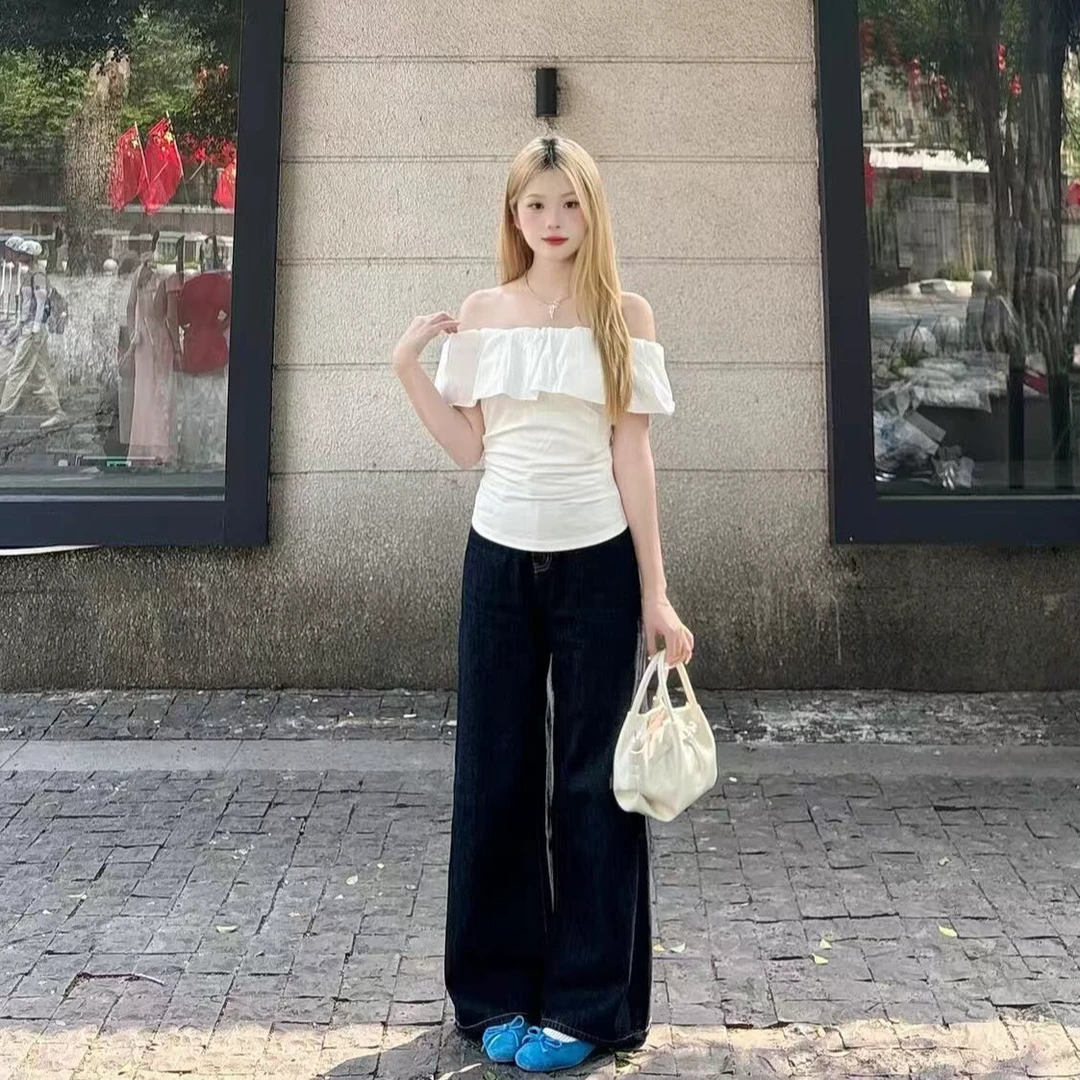 2025夏季新款简约休闲风一字肩设计T恤上衣女直筒宽松高腰阔腿裤