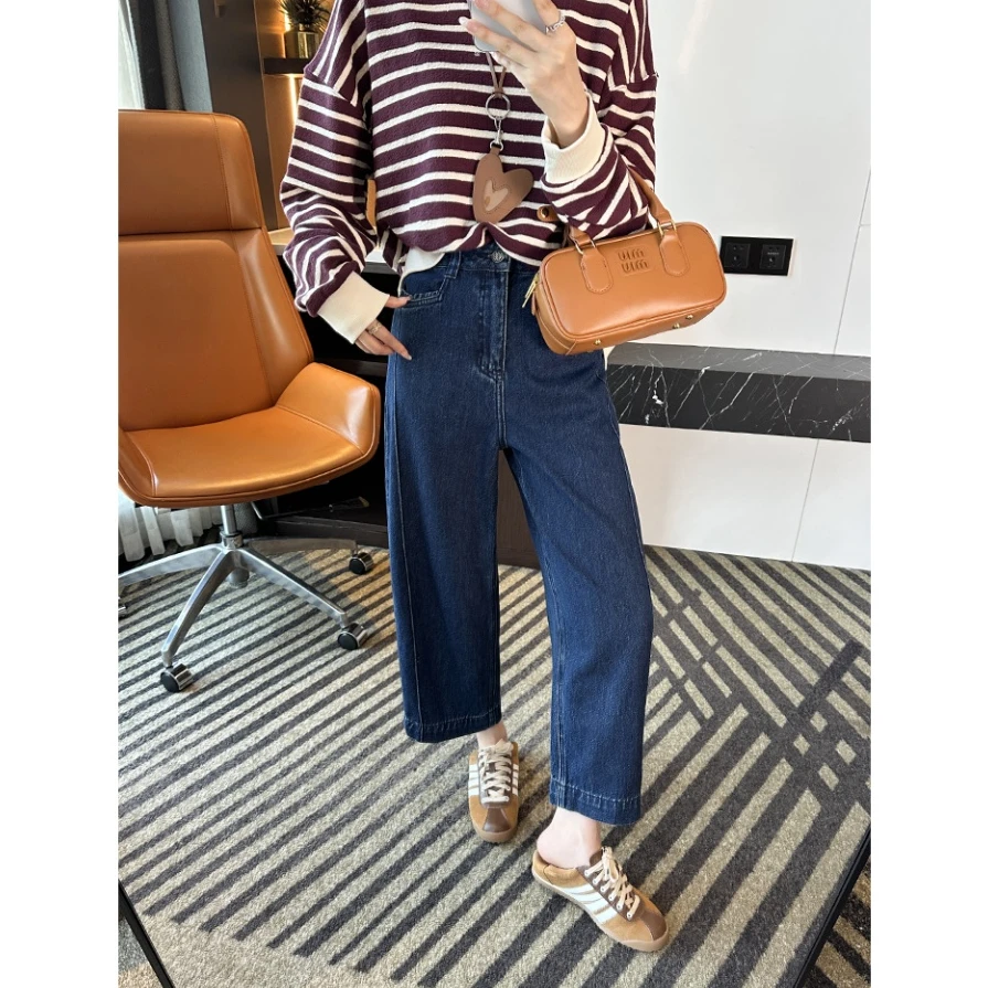 立体裁剪九分阔腿裤2025秋季新款梨形小个子显瘦宽松弯刀牛仔裤
