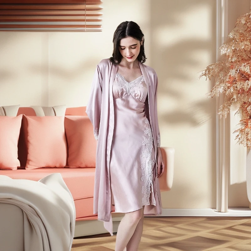 高端真丝轻奢睡衣套装100%桑蚕丝长袖家居服舒适简约蕾丝真丝睡衣