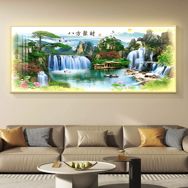 八方聚财客厅沙发背景墙装饰茶挂画风景画山水字画办公室壁画中堂