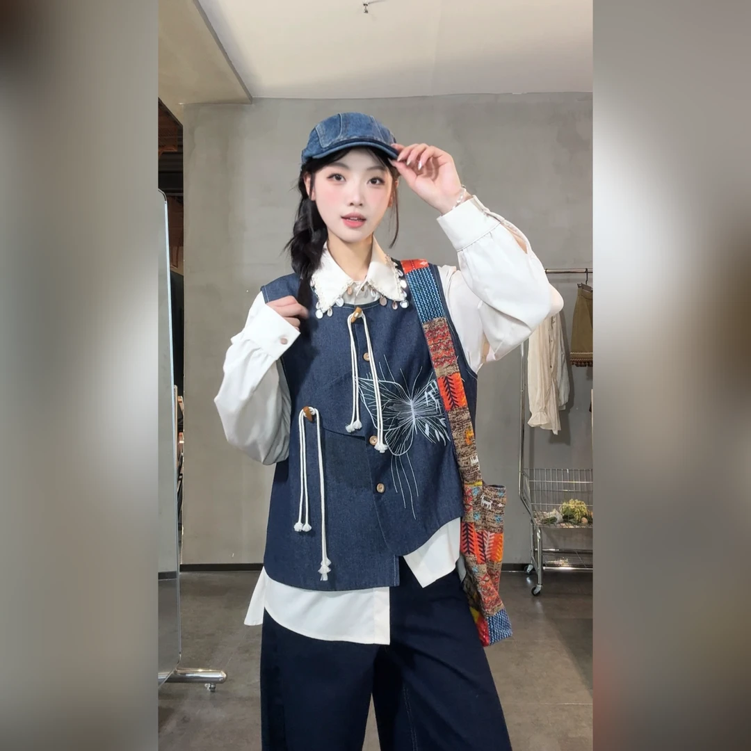 马甲春季小众设计感牛仔蝴蝶绑绳马甲女30215