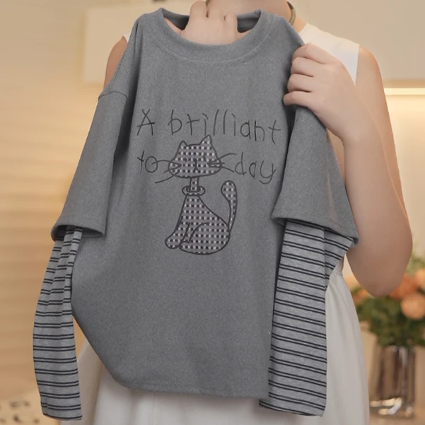 童趣风彩绘猫印花T恤女童 假两件撞色袖设计 宽松上衣