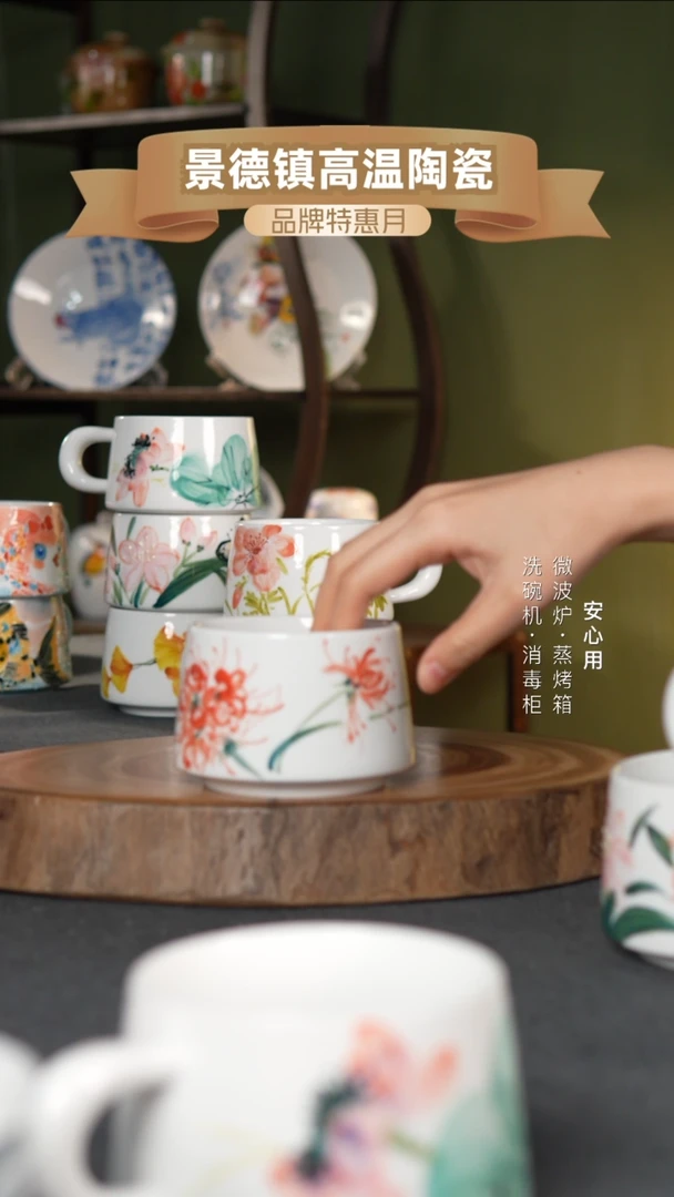 瓷景德镇高温手绘300CC把手杯彼岸花