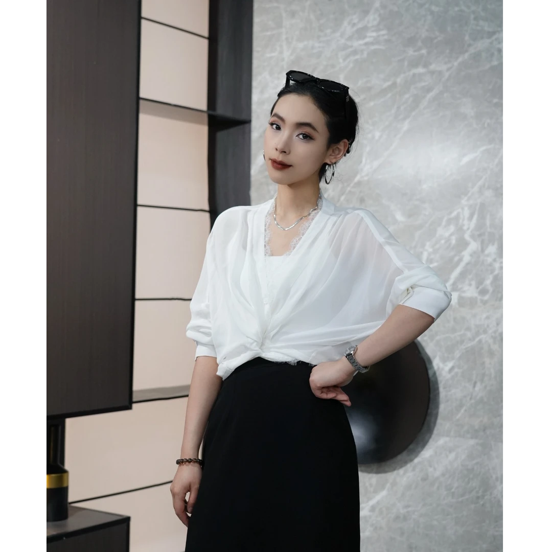 POPULARYW【澹月】Z·R上品屋 时尚百搭蕾丝拼接不规则防晒衬衫