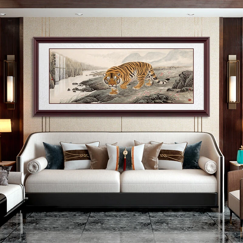 老虎画挂画客厅沙发国画老虎下山图上山虎图中式办公室横版装饰画