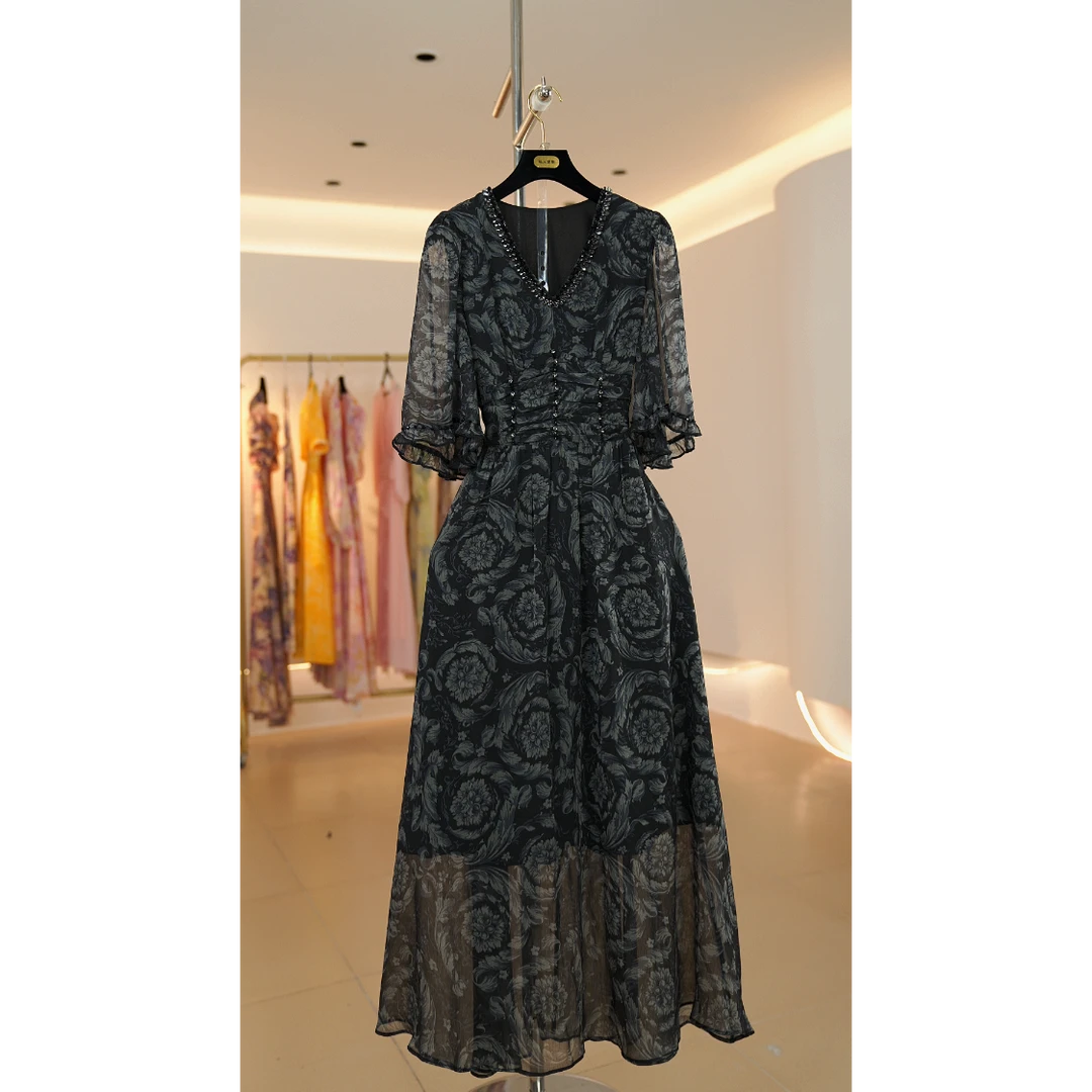 【私人订制】黑色袖子玫瑰夏季法式修身超漂亮显瘦气质优雅连衣裙